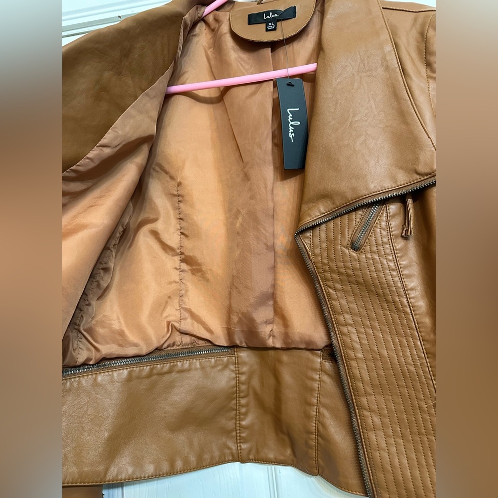 Lulus Up On A Tuesday Camel Vegan Leather Jacket Brown - Size XL - Picture 7 of 9